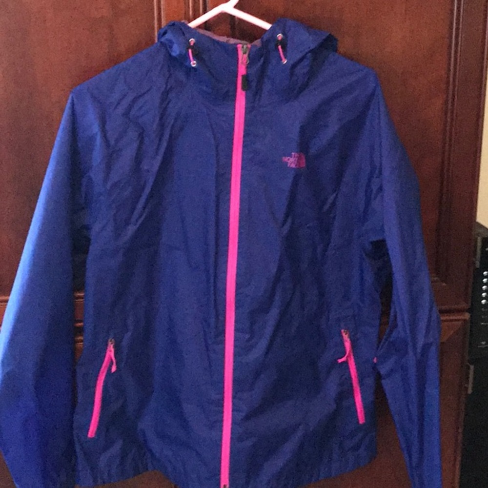 The North Face Women’s Blue Hooded Shell Jacket with Pink Trim